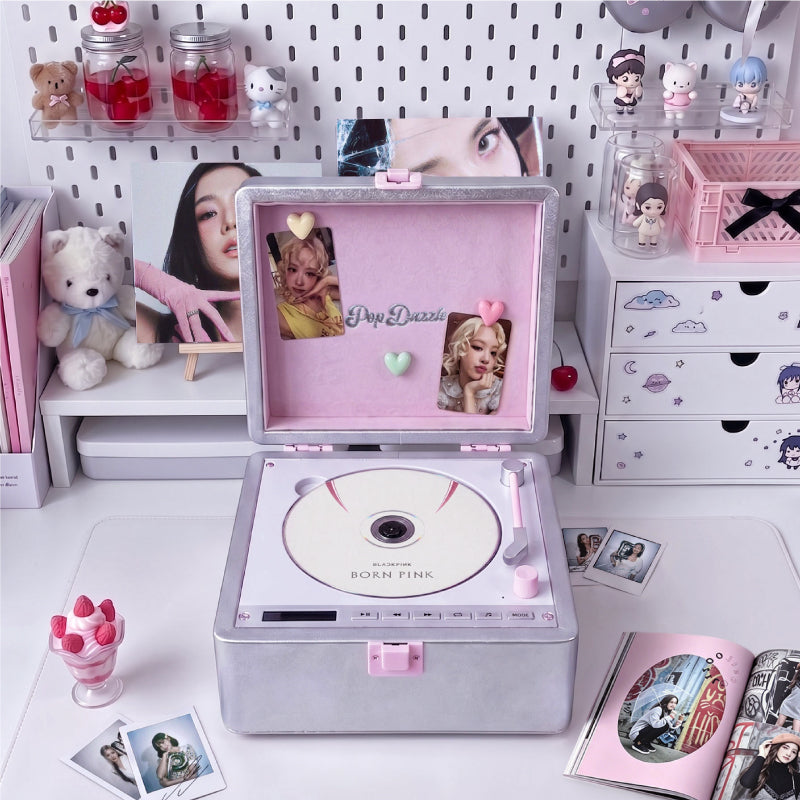 TINYL POP DAZZLE: Futuristic Silver Leather CD Player - Cyber Aesthetic K-Pop Player