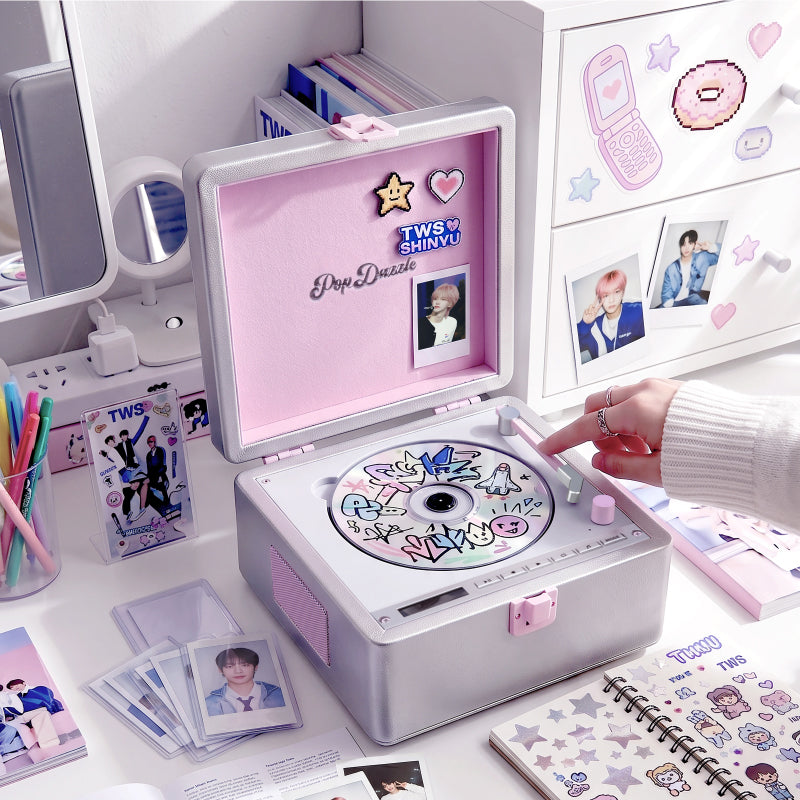 TINYL POP DAZZLE: Futuristic Silver Leather CD Player - Cyber Aesthetic K-Pop Player